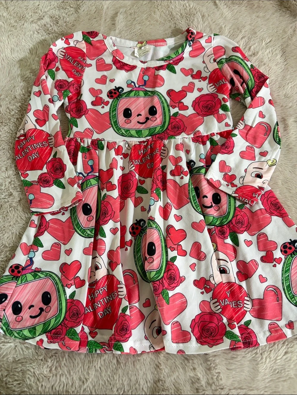 Girls' Long-Sleeve Valentine Heart & Rose Print Top - White/Pink